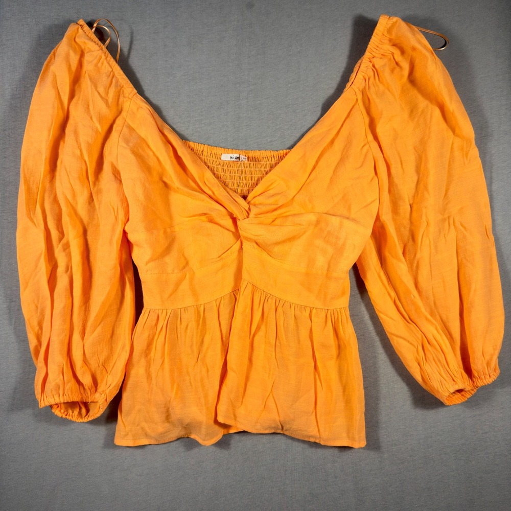 NEW Mi Ami Francescas Orange Twist Front Smocked Puff Sleeve Peplum Blouse L